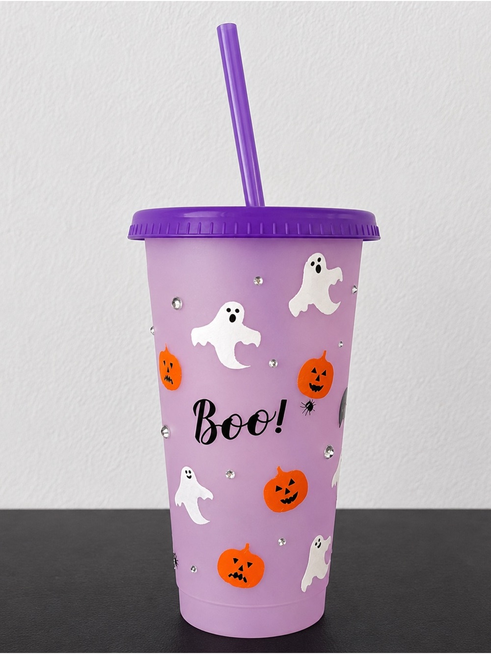 Purple Halloween Tumbler Cup Straw Boo Ghost Pumpkin Rhinestone Handmade